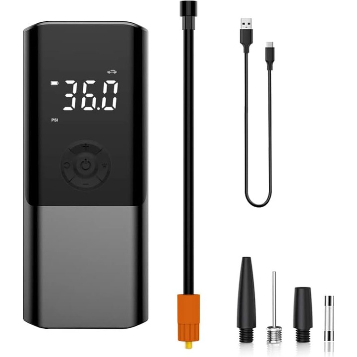 BEARWIN hordozható légkompresszor, digitális, fekete, 12.6V, 160PSI, 3x fúvóka, 4500mAh, 3m kábel