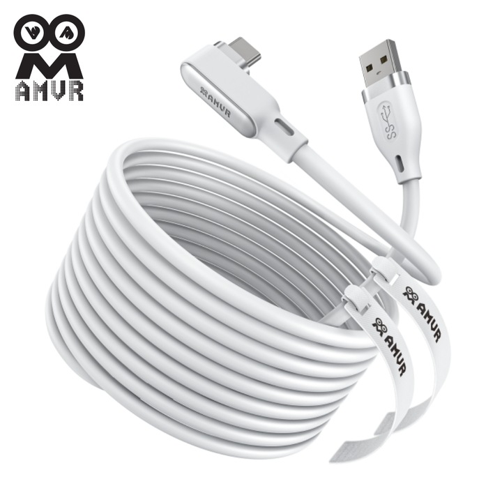 Cablu Link, AMVR, дължина 5м (16FT), съвместим с Meta Quest 3/3s/2/Pro и Pico 4, USB-C към USB 3.0, 5Gbps, за PC Gaming и SteamVR, Бял