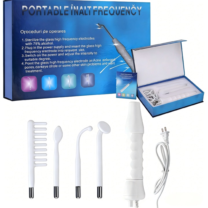 Aparat facial / dispozitiv cu frecventa inalta BEARWIN, portabil, cu 4 tuburi din sticla in forme variate pentru fata, alb, 1 buc