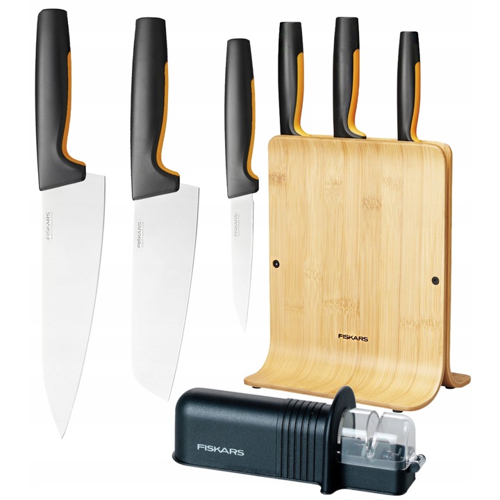 Fiskars Functional Form 3 részes konyhakés készlet, műanyag blokk, élező, többszínű, 16x20x11cm