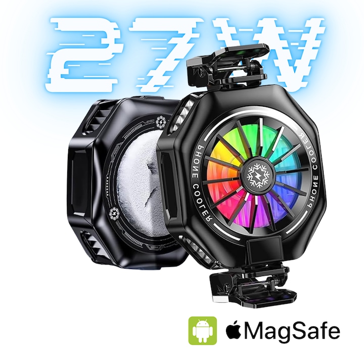 Cooler Magnetic Telefon BIZAIMO 27w, Afisaj Digital, Lumina RGB, Ai, 3 Viteze, Racire cu Semiconductor, Radiator TEC, Compatibil MagSafe, Universal, Clipsuri, Negru