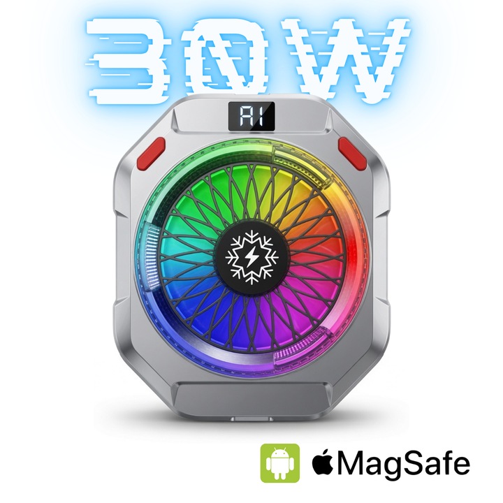 Cooler Magnetic Telefon BIZAIMO 30w, Afisaj Digital, Lumina RGB, Ai, 3 Viteze, Racire cu Semiconductor, Radiator TEC, Compatibil MagSafe, Universal, Clipsuri, Alb