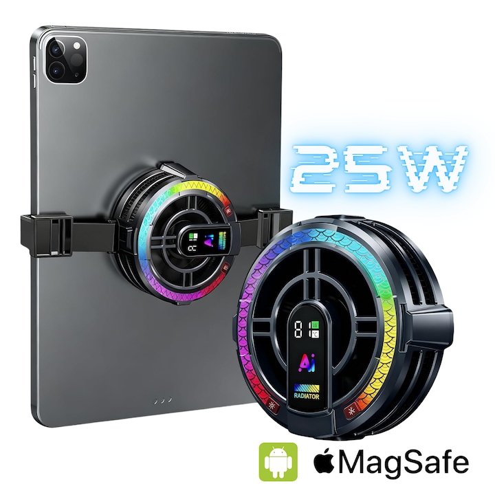 Cooler Magnetic Tableta BIZAIMO 25w, Afisaj Digital, Lumina RGB, Ai, 3 Viteze, Racire cu Semiconductor, Compatibil MagSafe, Universal, Curele atasare, Negru