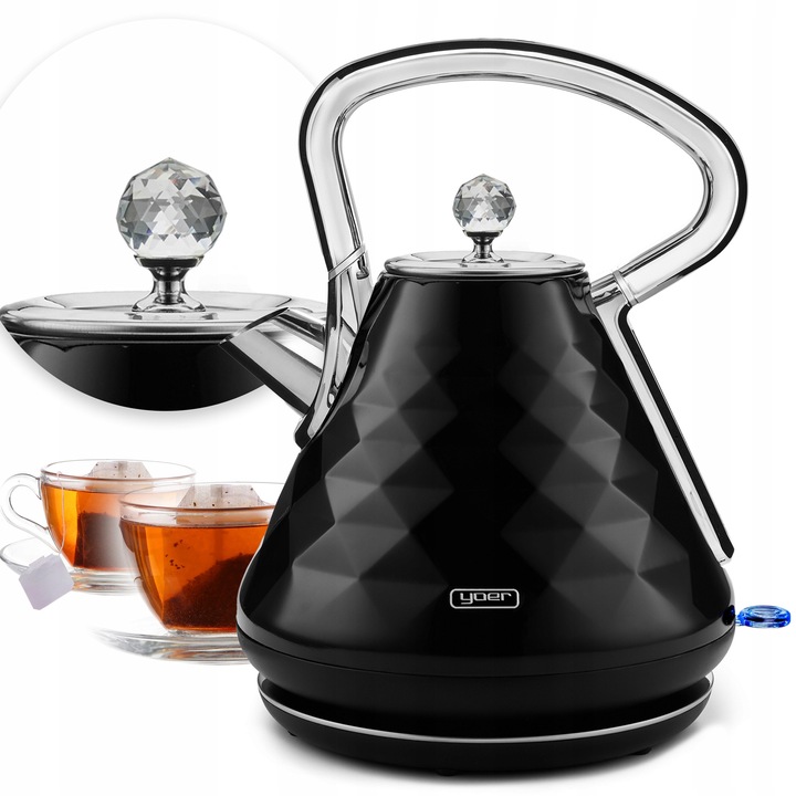 Yoer Diamond vezeték nélküli elektromos vízforraló 1,7L 3000W fekete króm 29x20,4x22cm