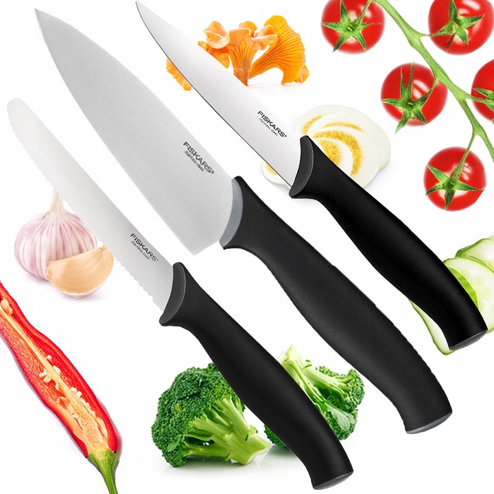 Fiskars Deba 3 részes konyhakés készlet, vágás, hámozás, ezüst-fekete, 11.5x22.7cm/11x22cm/12x23cm