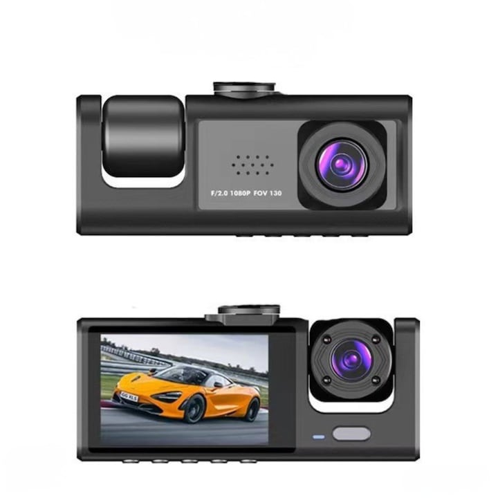 Camera de Bord Auto Acmora High PRO Full HD 1080P, 3 Camere Fata-Interior-Spate, Triple Lens, Unghi 170°, Night Vision IR, G-Sensor, Detectare Miscare, Loop Recording, Monitorizare Parcare, Ecran IPS 2", Negru
