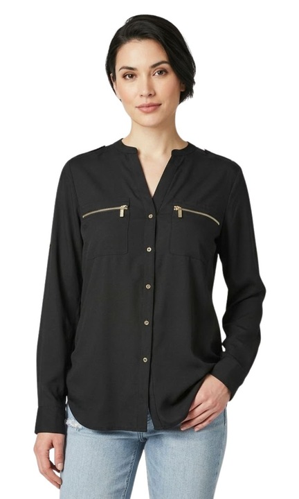 Calvin Klein női ing, klasszikus, fekete, V-nyakú, poliészter, S INTL
