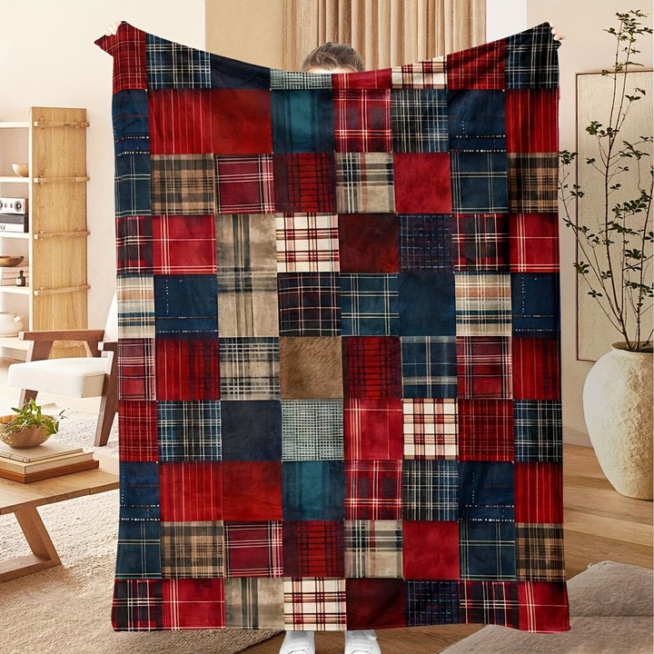 Patura / pled din flanel vintage, moale, lavabila la masina, pentru canapea si pat, cu model in carouri, Multicolor, 150x200 cm
