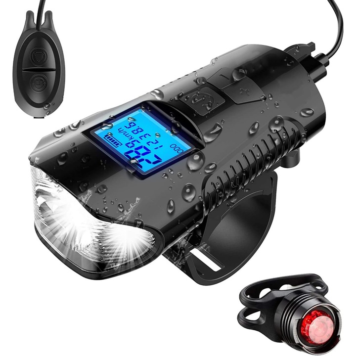 Комплект аксесоари за велосипед Leccik®, 5 в 1, LCD скоростомер, LED фар 800 лумена, клаксон 120 dB, включен заден стоп, водоустойчив IP65, USB зареждане, одометър и велокомпютър, черен