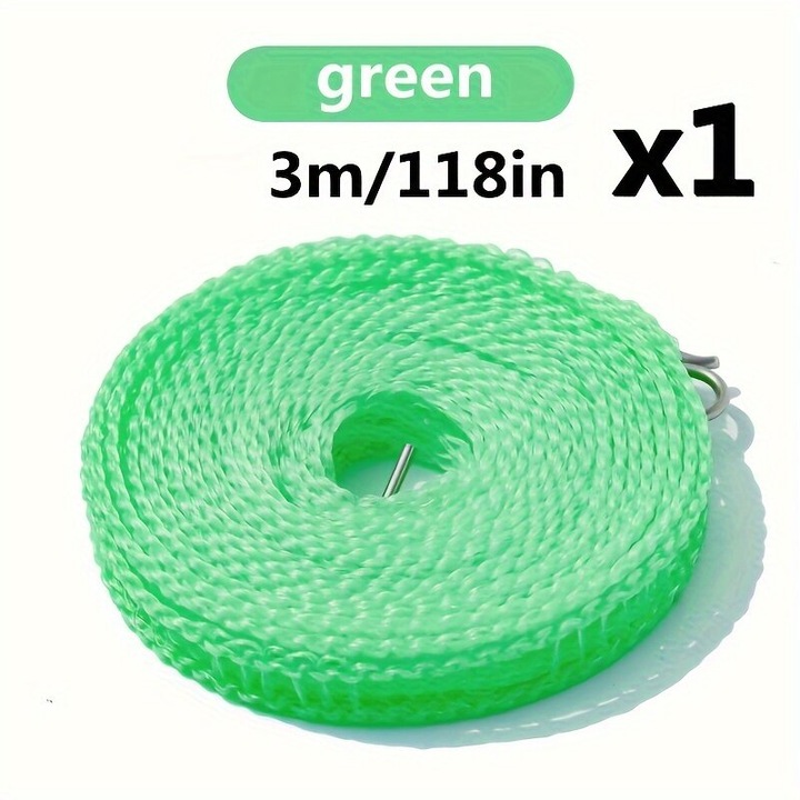 Sfoara pentru rufe, cordelina portabila din nylon, suporta pana la 15 kg, verde, 3 m