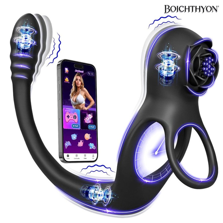 Inel penian vibrant, Boichthyon®, mod de vibratie 10x10, sincronizare AI, inel cu doua penisuri, erectie imbunatatita, pentru stimularea masajului prostatei perineale, ambalare de confidentialitate