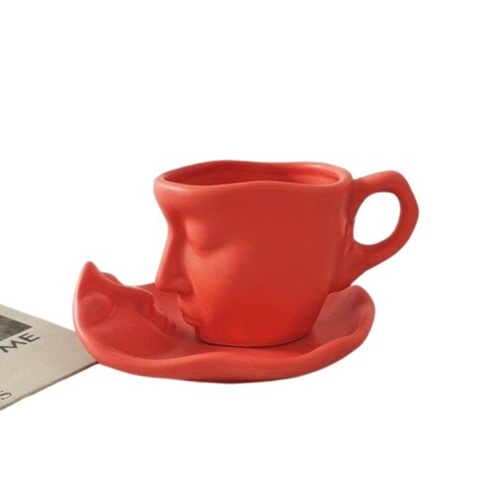 Cana espresso ceramica cu detaliu metalic, rosu, 80ml