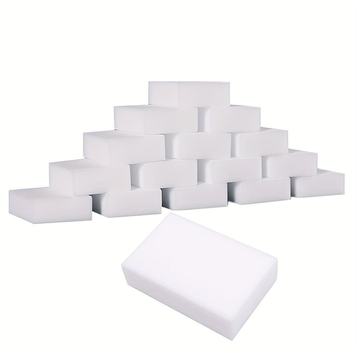 Burete melamina, burete magic din spuma melaminica, pentru curatare fara detergenti, usor abraziv, alb, 20 buc., 100x60x15 mm