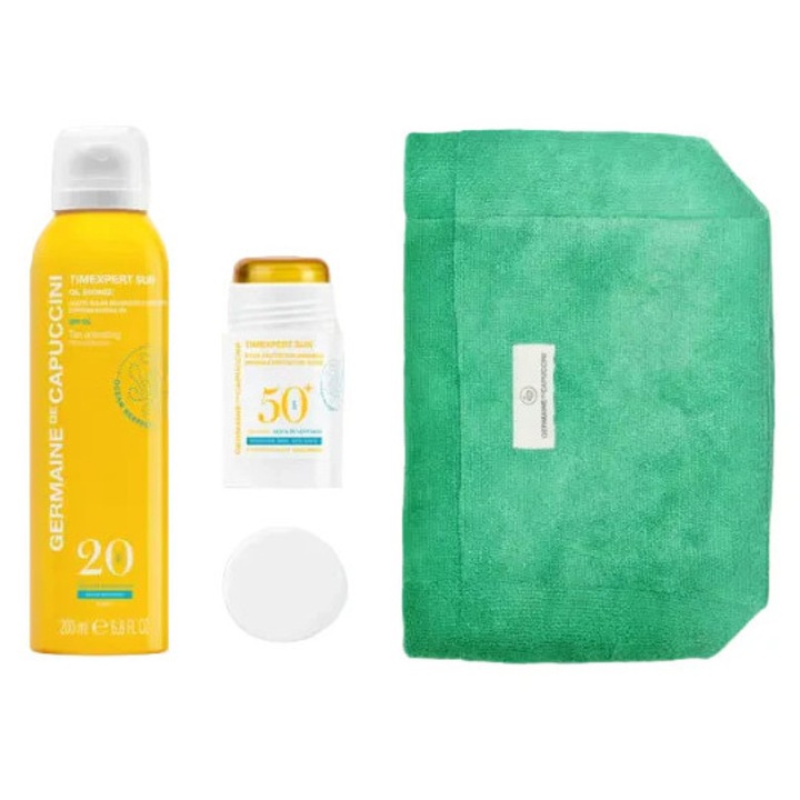Set Geanta Verde Pentru Soare - Timexpert Sun Easy & Fresh Invisible Sun Mist SPF50+ 200ml + Invisible Protective Stick SPF50+ 25ml Set - PP Germaine de Capuccini