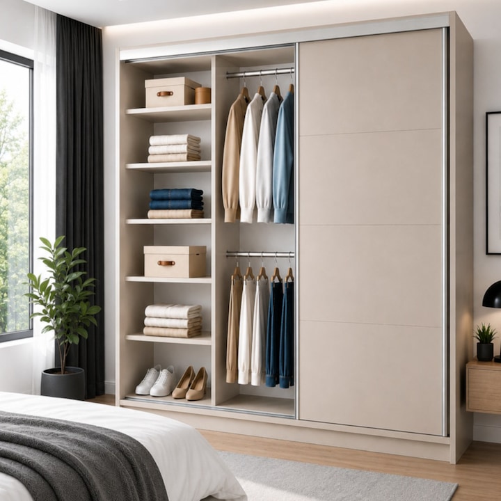 Dulap Dressing L200 x H220 cm Lara, Cashmere, usi glisante, 3 compartimente, 10 polite, 2 bare haine, PAL 18mm, sistem Hafele