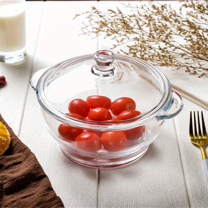 Bol/castron din sticla cu capac etans, termorezistent, compatibil cu cuptor cu microunde si masina de spalat vase, transparent, 1 L