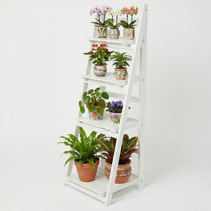 Suport Etajera pentru Flori Kardett, 4 Niveluri, Tip Scara, Lemn, Lemn Alb, 110cm