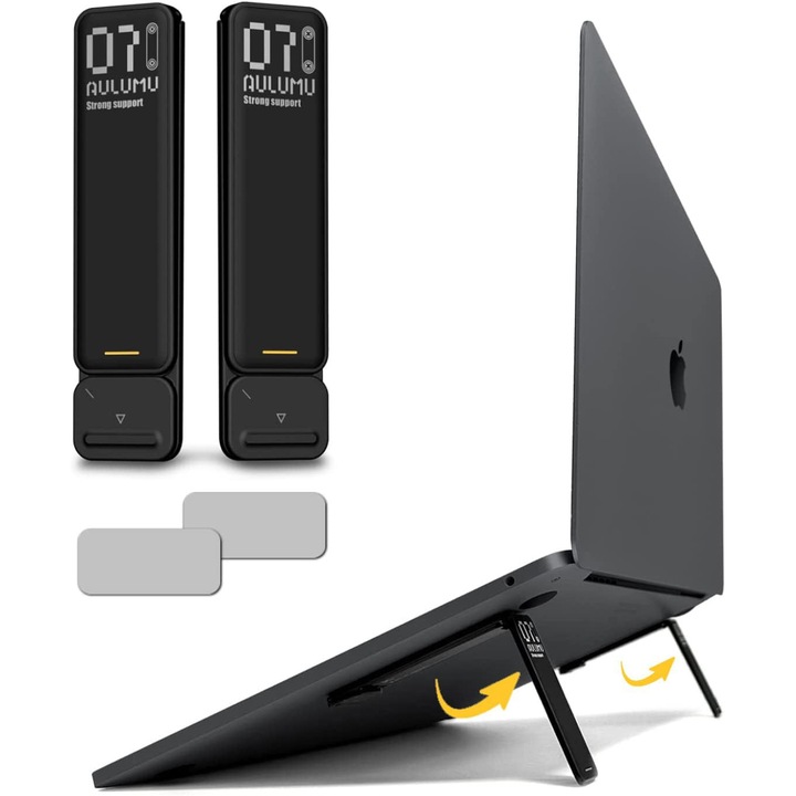 Stand laptop Aulumu G07 Pop-Up, Suport ergonomic adeziv pentru laptop, Deschidere automata 0.1s, Picioruse pliabile, Unghi inclinare 18°, Ridicare 2 inch, Aliaj zinc si suprafata PU, Antiderapant, Compact si portabil, Negru
