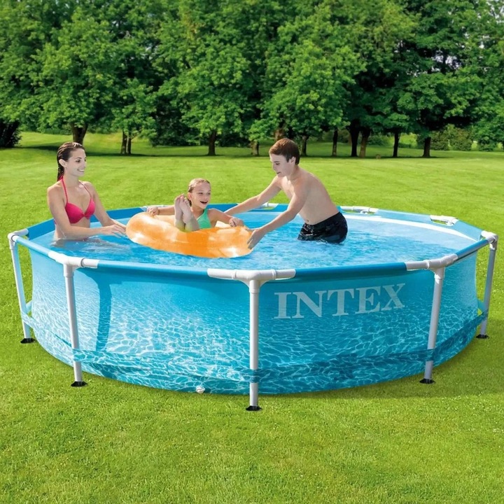 Надземен басейн с метална рамка Intex, кръгъл, 305x76 см, 4485 л, включена филтърна помпа 1250 л/ч, стоманена рамка, PVC стени, син