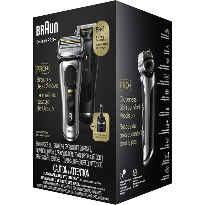Aparat de ras electric Braun Series 9 PRO+ 9567cc, ProLift Trimmer, SensoFlex, AutoSense, Sonic Technology, 40.000 de actiuni de taiere, 5 elemente de taiere, Statie Smart Care 6-in-1, Trusa de voiaj, Argintiu