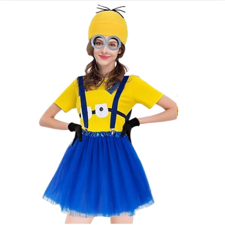 Minions ötrészes cosplay jelmez, univerzális méret, könnyű és robusztus, tartalmaz egy sapkát, védőszemüveget, ruhát, kesztyűt és egyéb kiegészítőket, több jelenethez is alkalmas