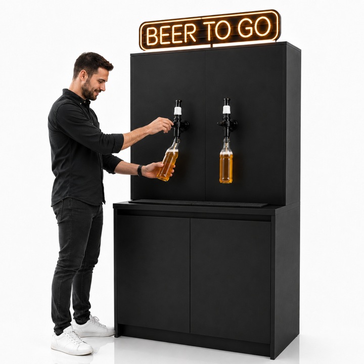 Dozator de bere draft BeerToGo®, Dulap cu 2 robineti, Mentenanta simpla, Umplere fara spuma, pentru HoReCa, magazine, macelarii, retail, PAL Negru, 120x70x190cm