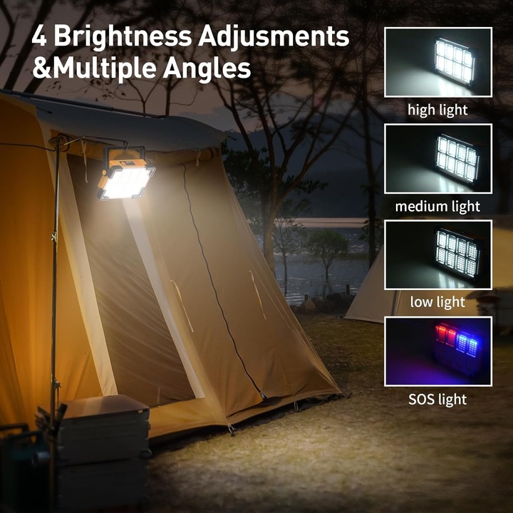 Újratölthető LED munkalámpa, hordozható reflektor 144 LED 6.000 lm, 4 mód (erős/közepes/gyenge/SOS), külső akkumulátor USB porttal, USB/napelemes töltés, 180°-ban állítható fogantyú, vízálló, sárga/fekete, 1 db