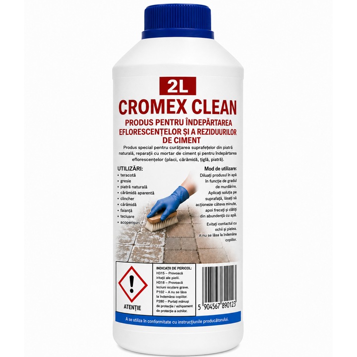 Cromex Clean 2L – Solutie profesionala pentru curatarea pavajului, betonului si pietrei, Indeparteaza eflorescenta, algele, muschiul, depunerile de ciment si murdaria persistenta