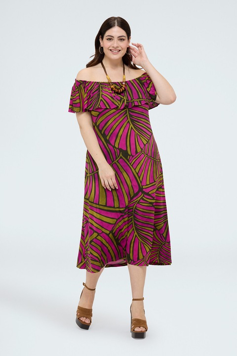 Fiorella Rubino, Rochie midi cu decolteu pe umeri, Violet/Verde masliniu inchis