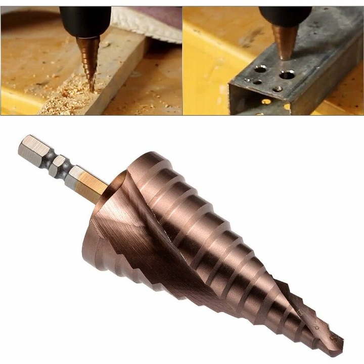 Burghiu treptat / burghiu con M35, HSS Co cobaltat cu strat de titan, coada hexagonala 6.35 mm, 13 diametre 6-35 mm, lungime totala 104.5 mm, bronz, 1 buc