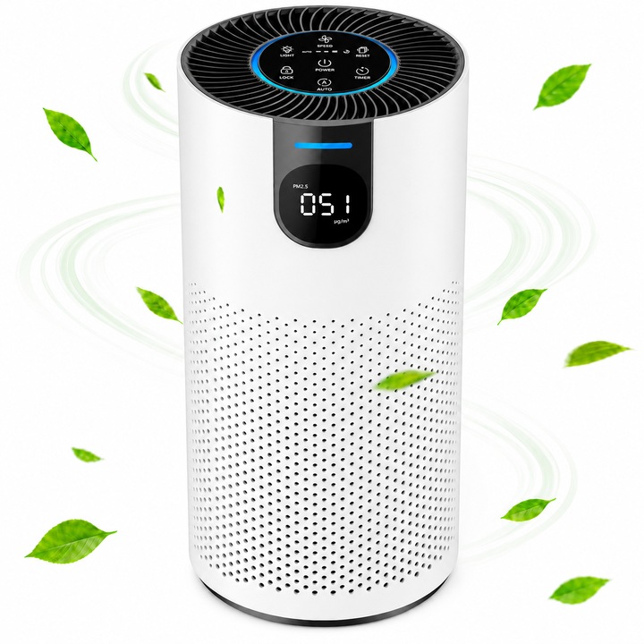 Purificator de aer AirBliss® Sense, Filtru HEPA H13 3 in 1, Carbon Activ, Anti-Praf, Anti-Bacterii, Senzor PM2.5/Indicator Calitate Aer in Timp Real, Display LED, Touch Screen, Flux 360°, 4 Viteze, Mod Auto, Sleep, Timer 1-24H, Portabil, Silentios, Alb