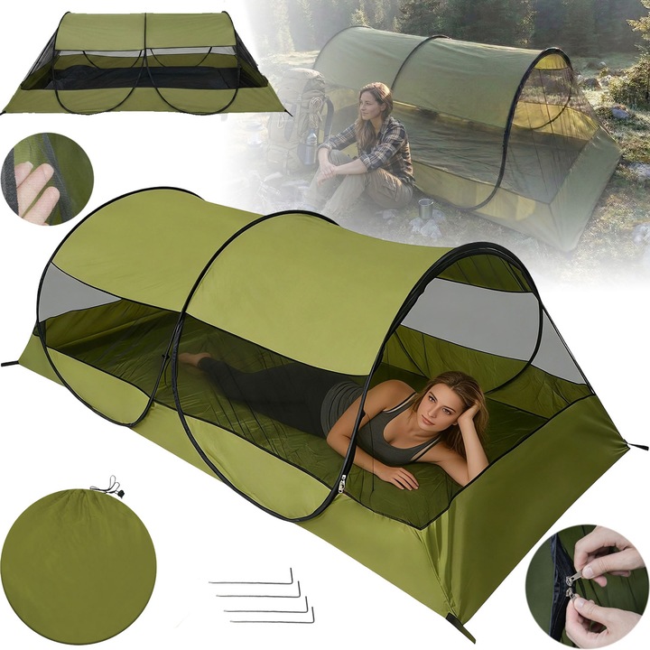 Cort de camping individual, 220X120X73cm.fermoar cu doua capete, Fabricat din poliester de inalta calitate, rezistent la uzura, la coroziune, elastic, rezistent la rupere, Preveniti tantarii. pentru camping in aer liber, picnicuri, drumetii.Verde
