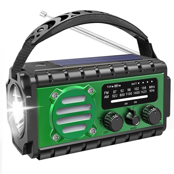 Hordozható Kemping Rádió LED Lámpával, Excitat®, 10W, FM/AM, Powerbank 20000 mAh, LCD Kijelző, Kézi hajtókar és napelem, Olvasólámpa és SOS riasztó, USB töltés, Útmutató, Kempingezéshez, Vészhelyzetekhez, Földrengésekhez, zöld