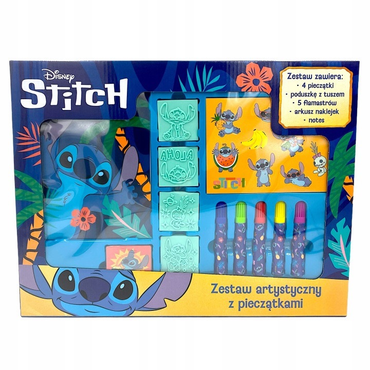 Set artistic St.Majewski Stitch, 4 stampile cu personaje, perna cu tus non-toxica si 5 markere colorate, Multicolor, 1 set