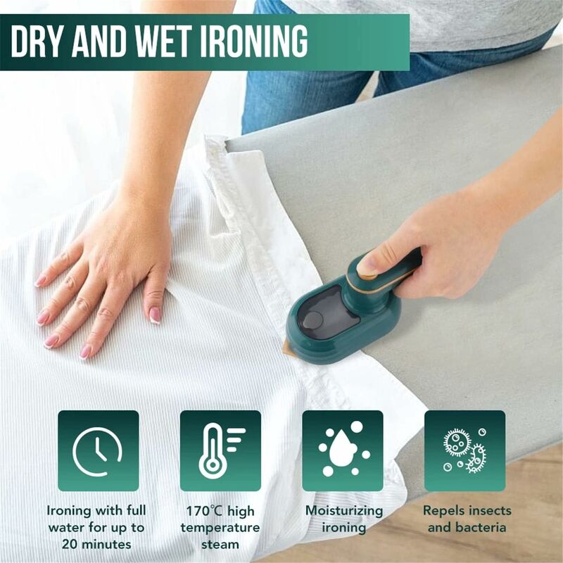 Fier de calcat portabil mini 2-in-1, uscat si cu abur, talpa titan, rezervor 50ml, pliabil si usor, verde/auriu, 1 buc