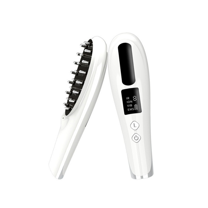 Pieptene electric de masaj, 5 trepte de reglare, vibratii de inalta frecventa, rezervor detasabil, pulverizare cu ultrasunete, microcurent EMS, 215 × 68 × 49 mm, alb