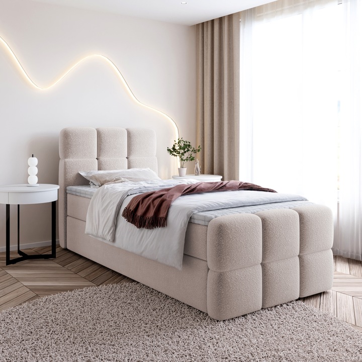 Sela Mini Boxspring kárpitozott ágy, egyszemélyes ágy tárolóhellyel, ágyneműtartóval (90x200, Bézs - Fredo 10, VISCO fedőmatrac)