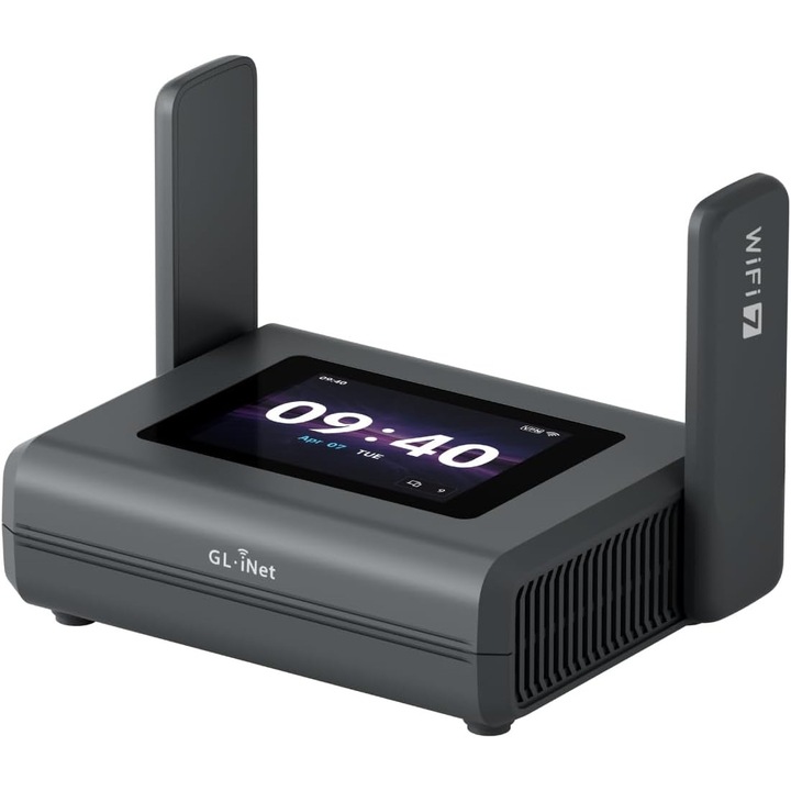GL.iNet Slate 7 Pro (GL-BE10000) Router portabil Wi-Fi 7 tri-band, 6GHz 5.7Gbps, VPN WireGuard 1.1Gbps, 2x 2.5G LAN/WAN, OpenWrt, ecran tactil 2.8"