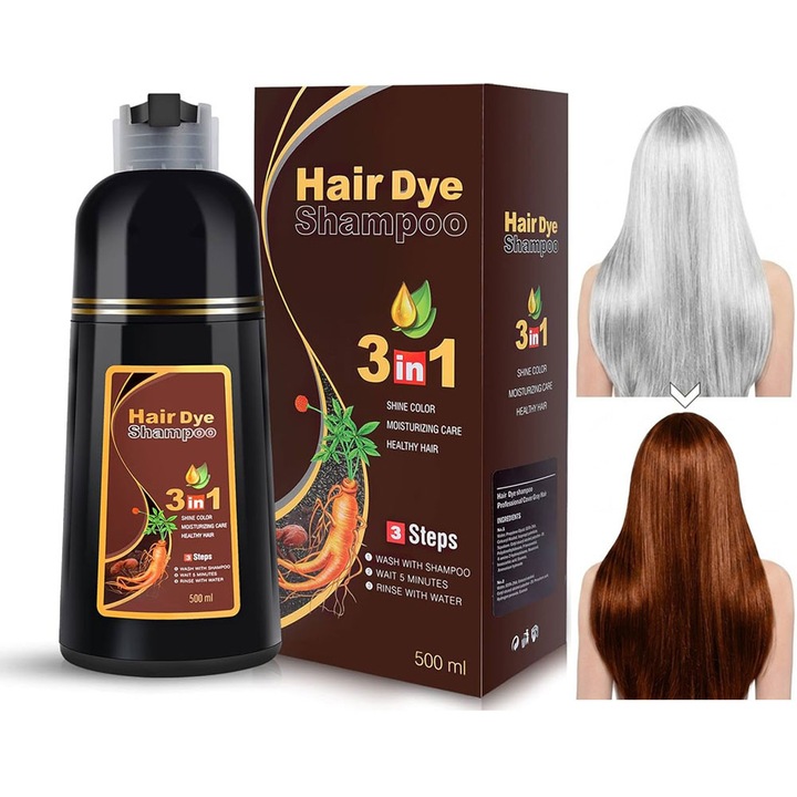 Sampon Colorant 3 in 1 - Saten Castaniu, Acoperire Fire Albe, 500 ml