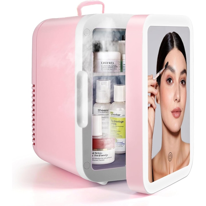 Mini frigider cosmetic, mini cooler portabil, cu oglinda LED tactila si 3 niveluri de luminozitate, racire/incalzire termoelectrica 2-65°C, alimentare 220V AC/12V DC, Roz, 4L