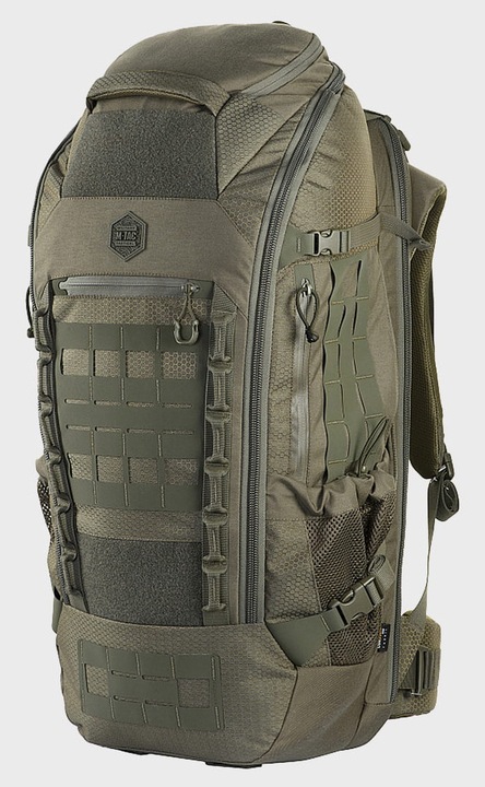Rucsac militar turistic, M-TAC, 68x32x20 cm 60L, verde, transport arma demontata, sistem Molle Laser Cut, deschidere tip valiza, sistem talie umeri detasabil protectie coloana