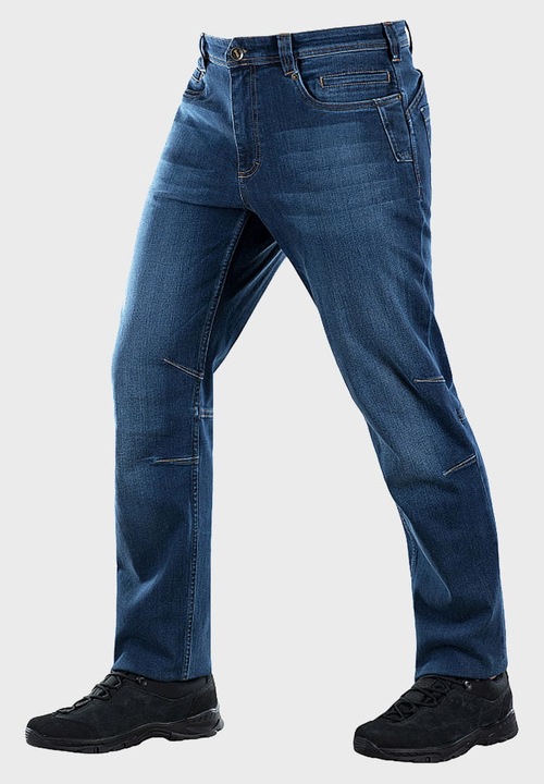 Pantaloni jeans tactici, M-TAC, 34/32, denim inchis, genunchi profilati flexibili, buzunare incapatoare telefon, compartimente ascunse incarcatoare, stil urban casual