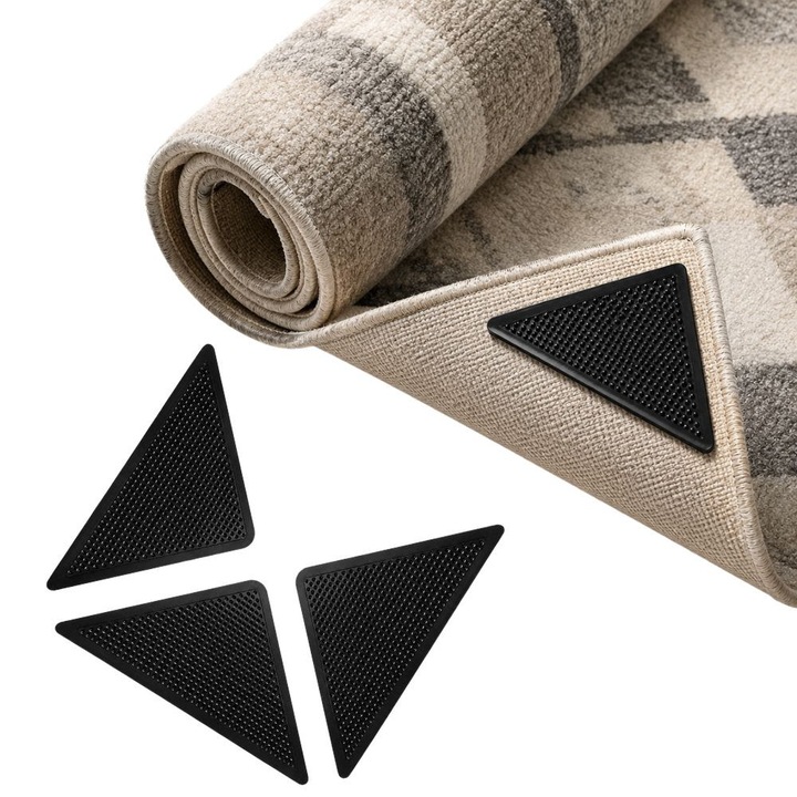 Set 4 Triunghiuri Antiderapante FONIX GripPad Pentru Colturi Covoare, Autoadezive, Fixare Ferma, Previne Alunecarea Si Ondularea Marginilor, Protectie Sigura Pentru Orice Pardoseala, Negru