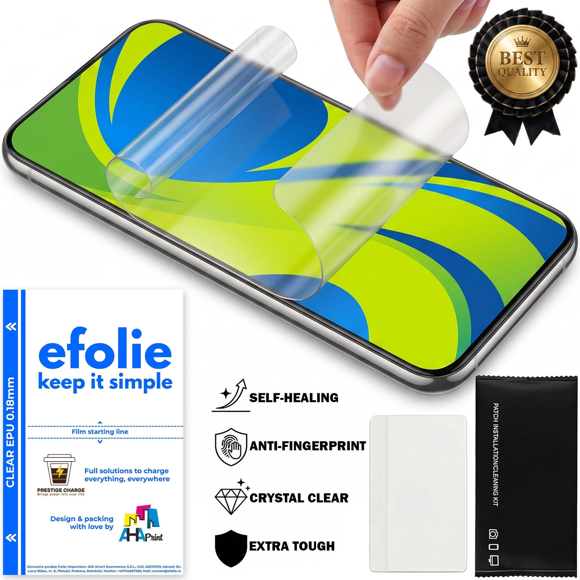 Folie de Protectie Fata Premium, efolie®, Motorola Edge 30, Transparenta, Silicon EPU 0.18mm, Auto-Regenerare, Anti-Amprenta, Strat Oleofob, Claritate HD, Protectie la Socuri si Zgarieturi, Montaj Usor Rapid, Inclus Kit Instalare