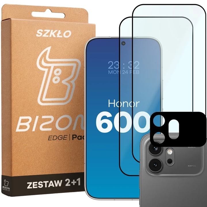 Set protectie 3in1 Bizon Glass Edge Pack, 2 folii sticla ecran + 1 folie sticla camera foto, compatibil cu Honor 600, Negru