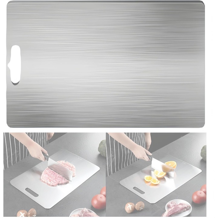 Tocator/Placa de taiat din titan, dublu fata, inoxidabil, higienic, rezistent la zgarieturi, argintiu, 30 x 20 cm