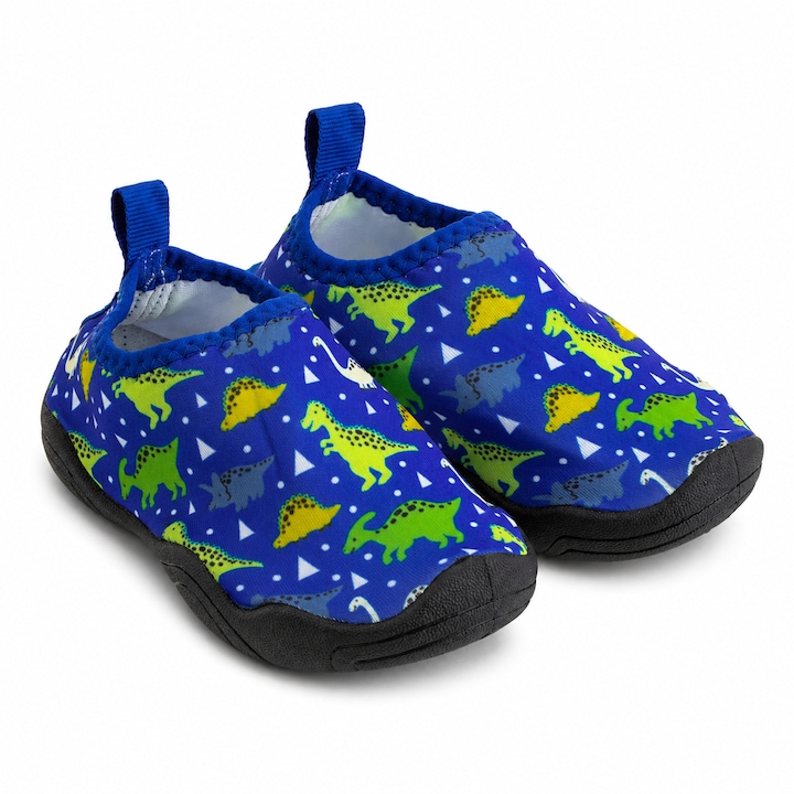 Gyerek vízi papucs 26-27-es méret, kék-zöld dinoszauruszokkal fiúknak, strand és medence lábbeli, TPR talp, textil felsőrész, nyári védelem Shopiens®