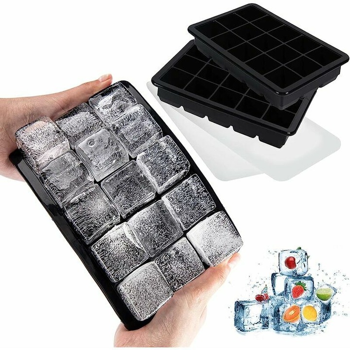 Tava pentru cuburi de gheata din silicon, 15 compartimente, cu capac stivuibil, usor de dezmoldat, fara BPA, grad alimentar, Negru, Set 2 bucati, 19x12x4 cm, cub 3x3x3 cm