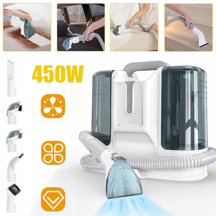 Szőnyeg- és Kárpittisztító Gép - 450W-os Samponozó, Hordozható Porszívó Kanapékhoz, Autóülésekhez, Matracokhoz, Kisállatfoltokhoz, Kis és Mélytisztító Gép, Hat Fúvókával