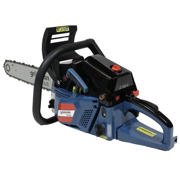 Benzines láncfűrész Grunman Plus, láncvezető hossza 50 cm, 2.6 kW, 3.53 LE, 6.5 kg, 2 ütemű motor, láncosztás: 0.325, tűzifa, rönkök, kisebb fák vágása, kert
